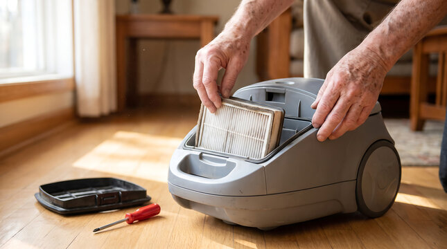 Elderly man removing a dusty filter from a vacuum cleaner for cleaning with maintenance cleaning appliance handyman housework domestic equipment technician