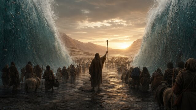 Prophet leading a large group through parted sea walls toward a mountain valley at sunrise. Biblical exodus scene symbolizing faith, freedom, leadership, and spiritual journey.