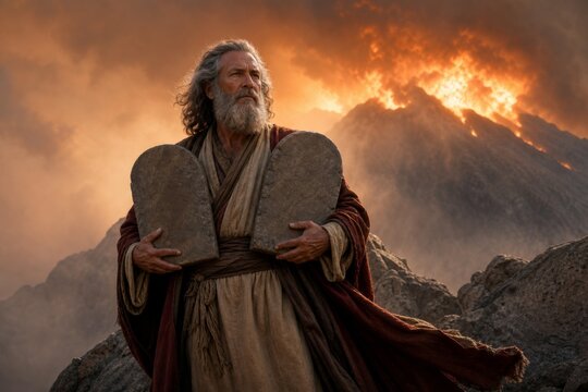 Moses holding the Ten Commandments on a fiery mountain. Biblical scene depicting a prophet with stone tablets and an ominous sky