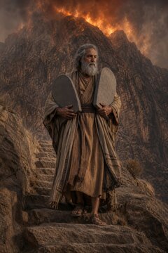 Elderly man holding stone tablets on a mountain beneath a fiery sky. Ancient prophet and biblical law concept. Dramatic historical fantasy scene for faith, mythology, and storytelling.