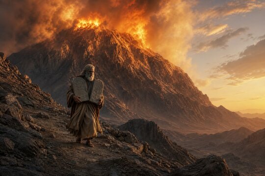 Bearded man in ancient robe holding stone tablets before a fiery mountain. Biblical wilderness scene symbolizing faith, prophecy, divine law, spiritual journey and dramatic religious storytelling.