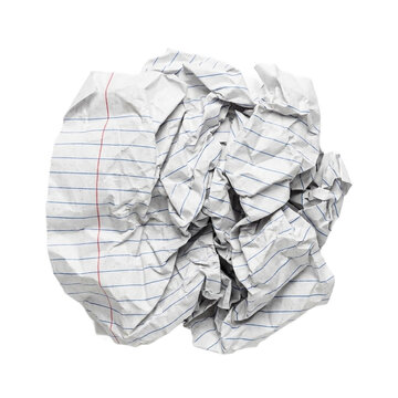 Crumpled ball of lined notebook paper showing rough textures and blue margins on transparent background