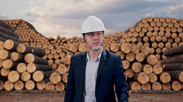Front View of Asian Businessman Walking with Stacked timber logs pile at outdoor lumber yard