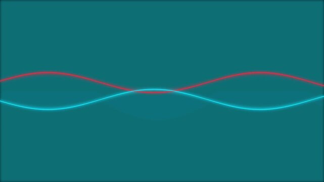 Abstract neon wave animation featuring glowing red and cyan sine curves moving horizontally across dark teal background creating futuristic tech motion graphics.
