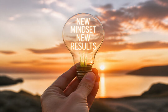 A hand holds a glowing lightbulb symbolizing new mindset and results against a sunset over the ocean.