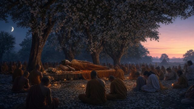 Reclining Buddha surrounded by Buddhist monks under flowering trees at dusk. Spiritual meditation scene symbolizing enlightenment, devotion, impermanence, and peaceful religious ceremony.