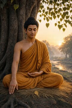 Buddhist monk meditating beneath a sacred tree at sunrise. Spiritual mindfulness, inner peace, enlightenment and contemplative wellness in a serene natural setting.
