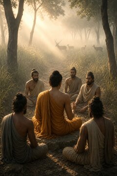 Spiritual teacher meditating with male disciples in a misty forest as deer gather nearby. Ancient wisdom, mindfulness, Buddhist philosophy, and peaceful nature connection.