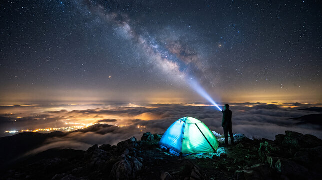 Man camping on a mountain peak under the Milky Way galaxy at night, shining a flashlight into the starry sky above a sea of clouds.