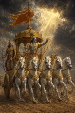 Krishna guiding a warrior in an ornate chariot drawn by four white horses beneath dramatic storm clouds. Epic Indian mythology scene symbolizing divine guidance, courage and righteous battle.