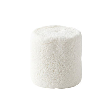 Fluffy white cylindrical marshmallow piece captured with detailed texture and soft lighting effects on transparent background