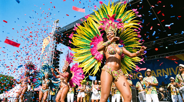 Vibrant samba dancers in colorful feather costumes performing on stage during a lively carnival celebration with confetti.