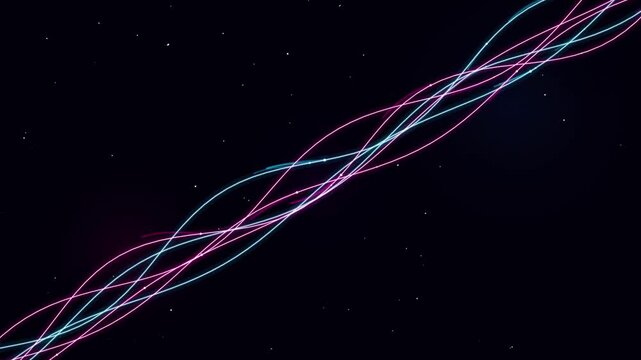 Abstract neon glowing light waves flowing across dark digital cosmic background representing energy flow and futuristic communication connectivity motion graphic design.