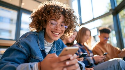 Obraz premium Young woman smiles while using smartphone in classroom. She wears glasses and curly hair. Other students sit nearby
