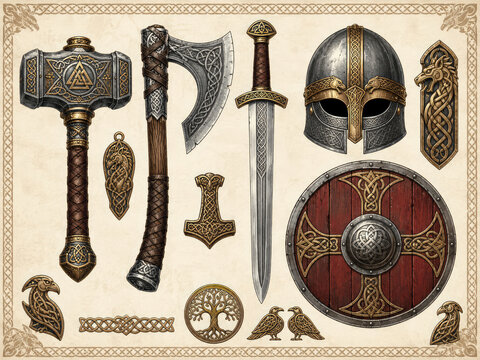 Viking weapons and armor collection with axe sword helmet and shield