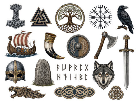 Norse Viking symbols and mythology clipart set with runes, raven, wolf and longship