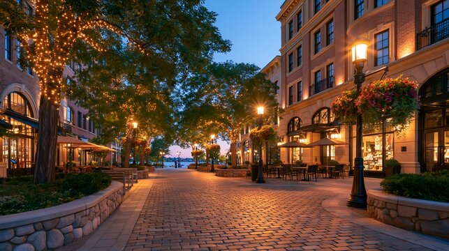 Warm lights glow along tree-lined cobblestone walkway. Lamp posts illuminate shops and outdoor dining areas
