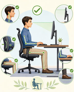 Ergonomic office workstation setup infographic with correct sitting posture and computer positioning