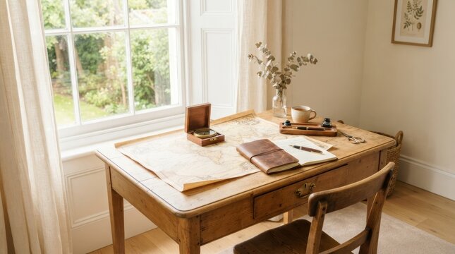 Vintage wooden desk with antique map, compass, and writing tools by the window