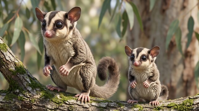 Sugar glider pair on eucalyptus branch, adorable marsupials in natural forest habitat, exotic wildlife photography