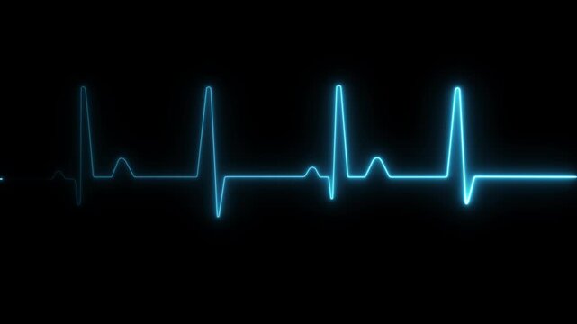 Neon blue heartbeat ekg monitor line pulsing on black background, medical vital signs concept pulse