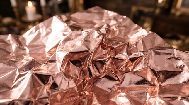Crumpled rose gold metallic foil texture background with dramatic lighting and bokeh reflections