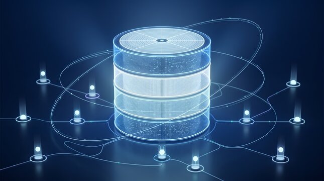 Abstract 3d render of a cylindrical data server with glowing blue circuits