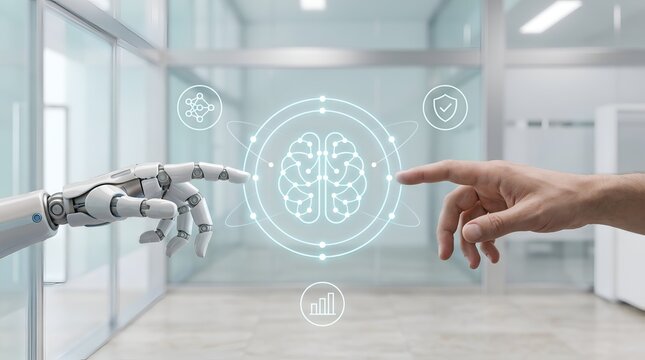Robot hand and human finger interact with glowing brain interface