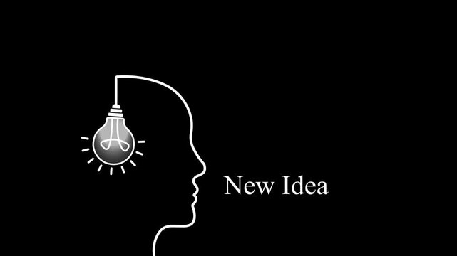 Creative innovation concept: human head silhouette with glowing light bulb idea animation creativity