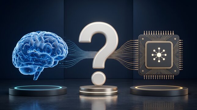 Brain and CPU connected by question mark, symbolizing AI and technology choice