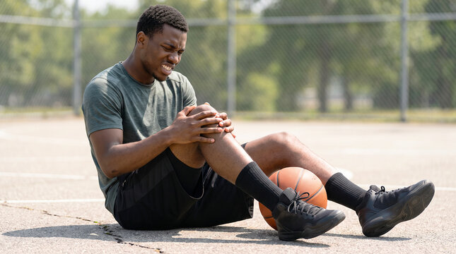 Young male basketball player sitting on outdoor court gripping his knee in pain with a basketball beside him