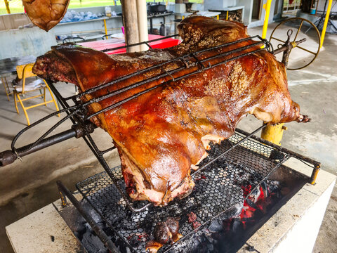 Slow roasting a whole animal on a metal spit over hot glowing coals. Traditional outdoor rotisserie barbecue cooking with crispy skin turning.