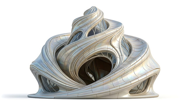 Futuristic Parametric Architecture Design with Swirling Metallic Surface Curves