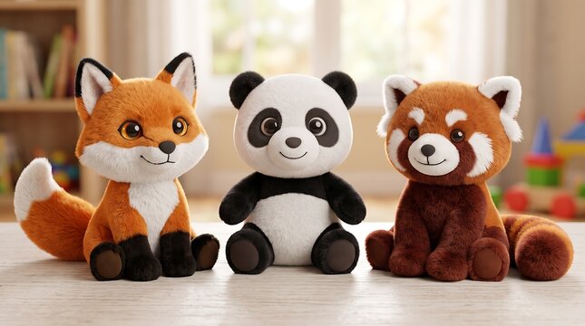 Adorable plush animal toys collection, cute fox panda and red panda stuffed animals, soft nursery decor for children