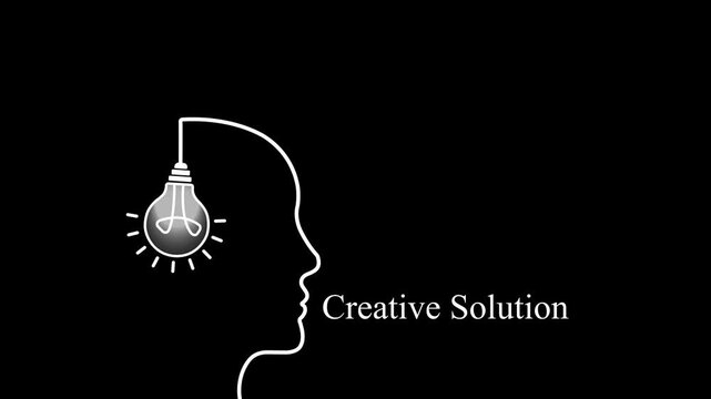 Creative solution concept: animated human head outline with glowing light bulb idea on black background