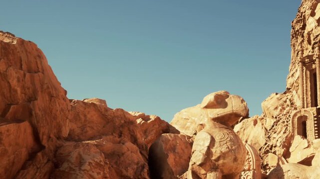 A large stone figure stands in a desert area. The landscape shows rocks and ancient ruins in the background. The sun shines brightly in a clear sky above the scene.