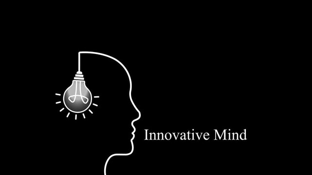 Innovative mind concept: glowing light bulb inside human head silhouette animation for creative thinking and business strategy