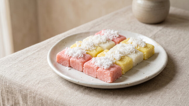 Indonesian Getuk on Plate with Grated Coconut Traditional Cassava Dessert