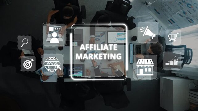 A group of professionals engaged in affiliate marketing strategy development in a modern office. Visual data analysis enhances collaboration and creativity for effective marketing solutions. Raster