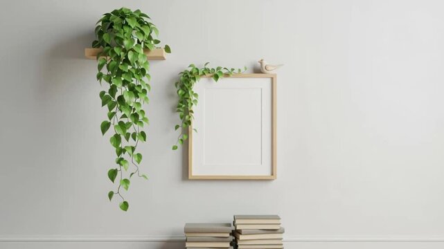 Empty Picture Frame Decorated with Cascading Green Plant and Books on White Wall Background