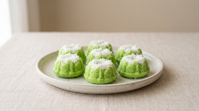 Indonesian Putu Ayu Cakes on Plate with Pandan and Grated Coconut