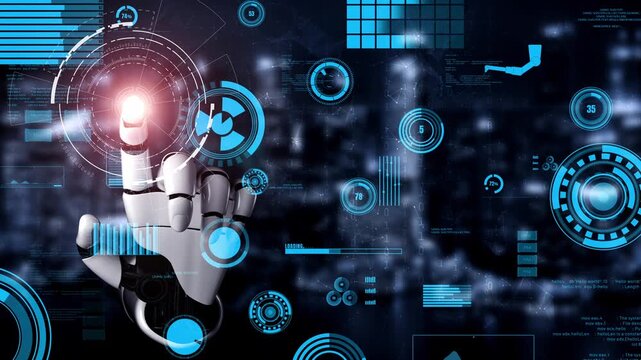 A futuristic robotic hand reaches out to engage with a high-tech digital interface, symbolizing the integration of robotics and technology in data analysis and innovation. Xenic