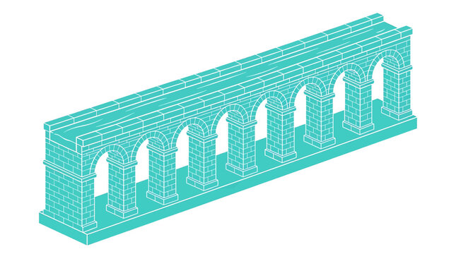 Isometric ancient stone aqueduct bridge with arches, historical water transport infrastructure, teal architectural element