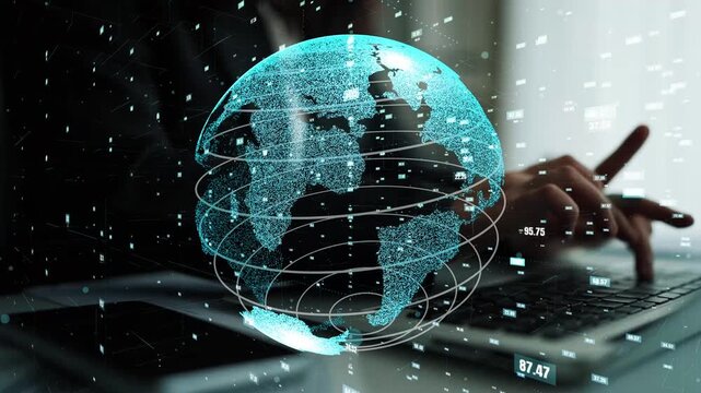 A powerful representation of technology and analytics featuring a digital globe overlay in a modern workspace, emphasizing connectivity and global business insights. Xenic