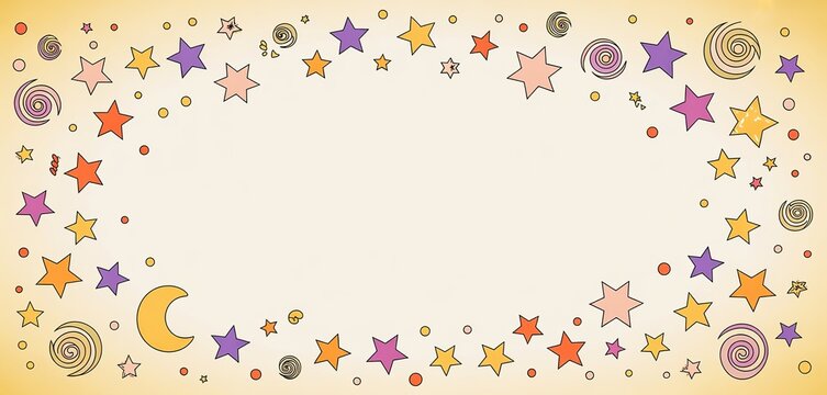 A whimsical star and crescent moon border in orange yellow and purple on a light yellow background frame