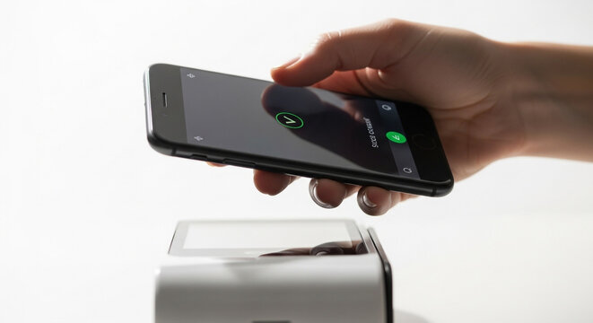 Close up of hand holding smartphone over POS terminal for contactless mobile payment transaction on white background