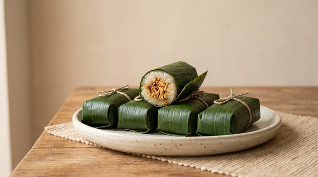 Indonesian Lemper on Plate with Sticky Rice and Savory Chicken Filling
