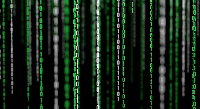 Green and White Binary Code Falling on Black Background Representing Digital Data Stream and Cybersecurity