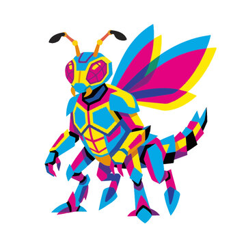 Geometric humanoid bee character in vibrant CMYK colors