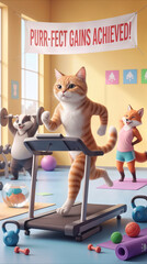 Naklejka premium Anthropomorphic ginger cat running on treadmill in gym setting. Surreal fitness concept with animals exercising at indoor sports club.